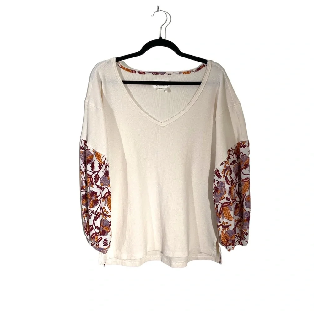 ANTHROPOLOGIE Annette Cream Waffle Knit Floral Sleeve Thermal Tee - Picture 3 of 7
